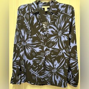 Dana Buchman Blue and Black Floral Blouse